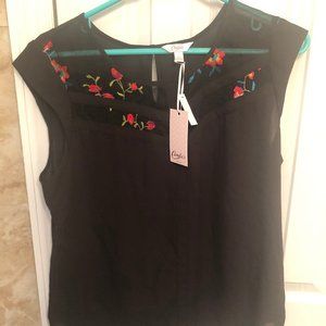 Black Blouse with Mesh and Floral Embroidery, Tags